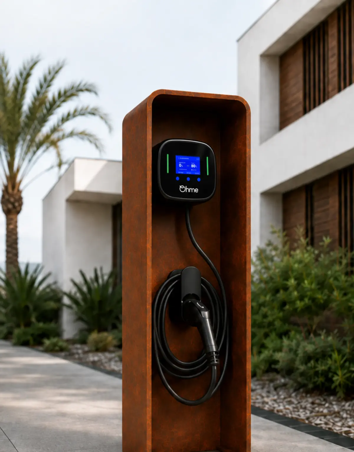 Estructura Premium de acero corten para cargador Ohme