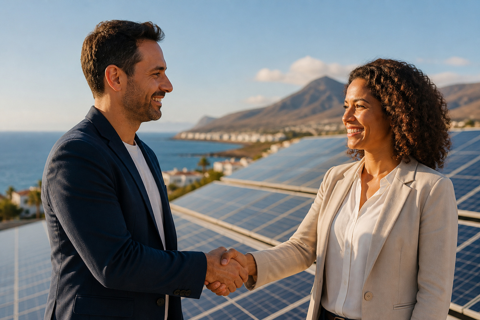 Profesionales formalizando una colaboración comercial de energía renovable