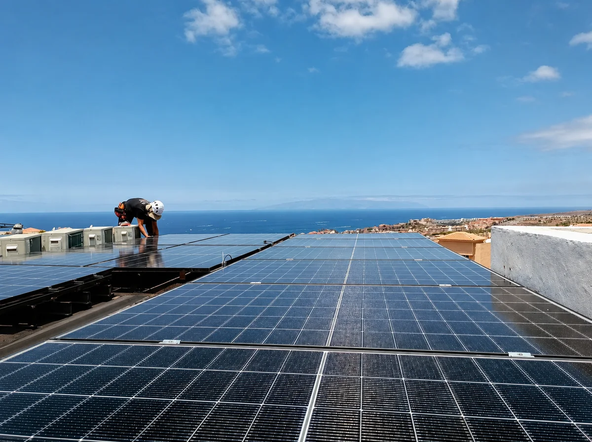 Operario de Solar Tenerife instalando paneles solares con vistas al mar en Tenerife
